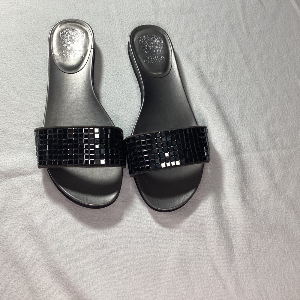 Vince Camuto Black Studded Slide Sandals Flat Open Toe Gunmetal 10M 40